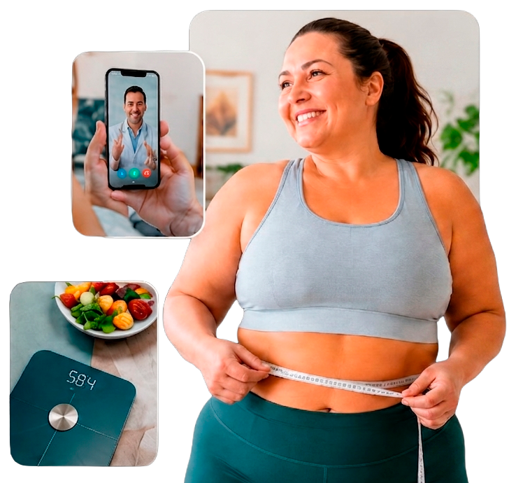 Mujer midiéndose la cintura junto a una videoconsulta médica, una báscula y una alimentación saludable.